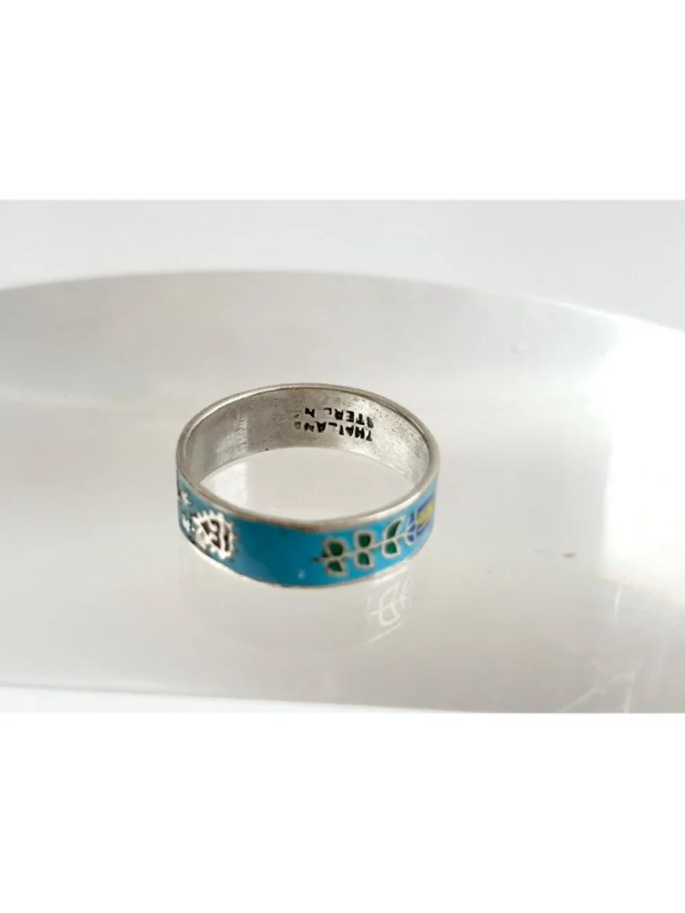 Cloissone Enameled Floral Thailand Made Sterling Silver 925 Vintage Ring - sz 7